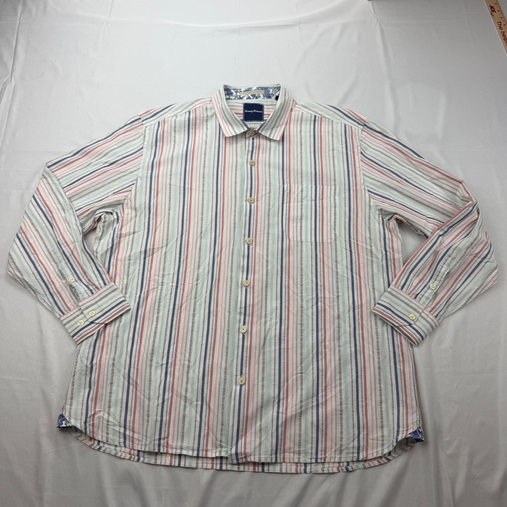 Tommy Bahama Button Down Shirt Mens XXL White Multi Color Stripe Long Sleeve